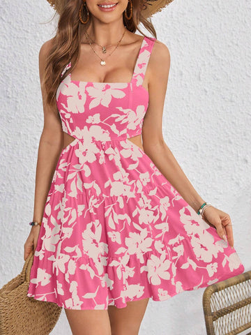Women's Floral Print Back Hollow Out Short Camisole Dress, For Vacation