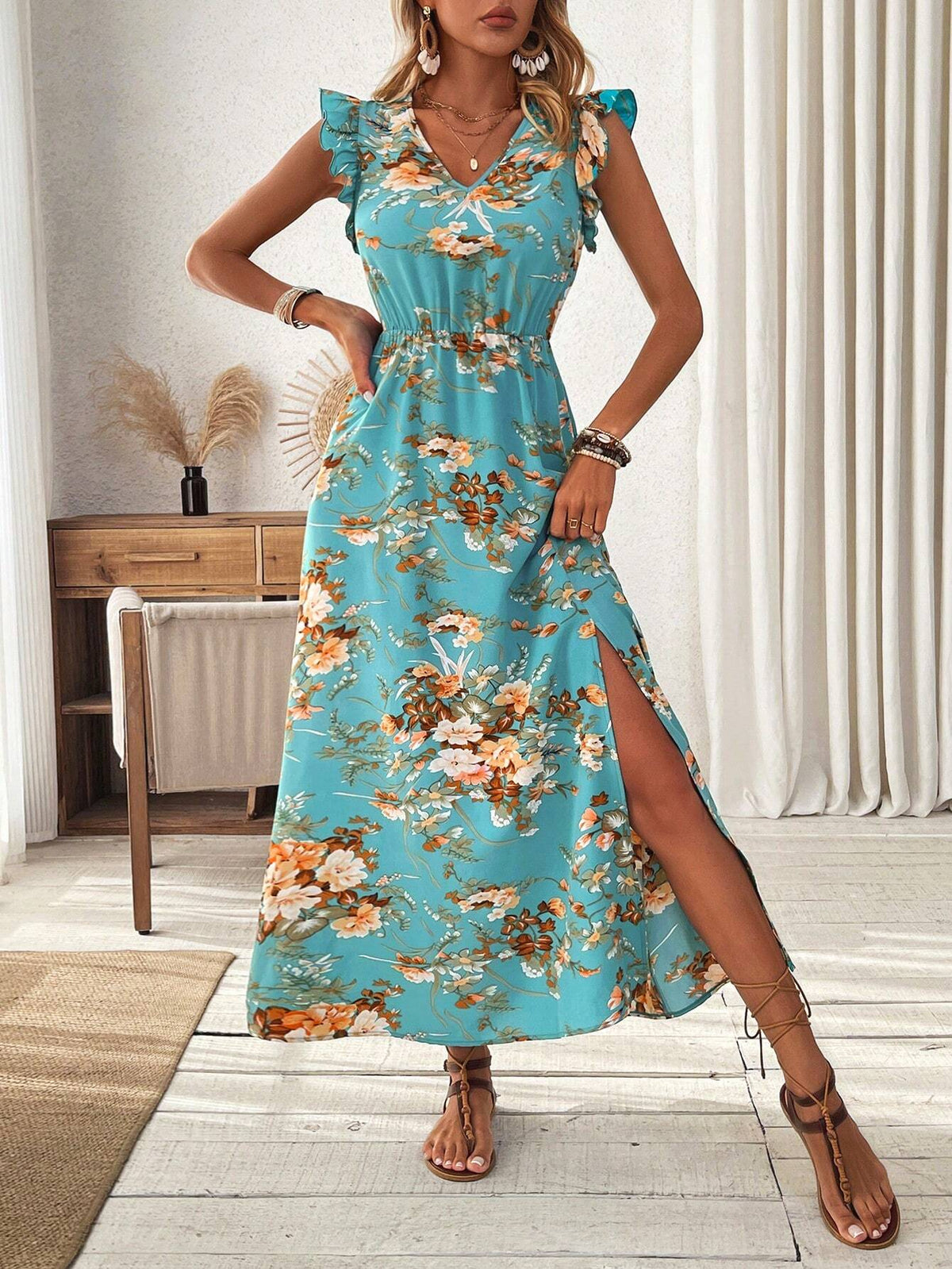 Women's Floral Print Cap Sleeve High Slit Hem Dress