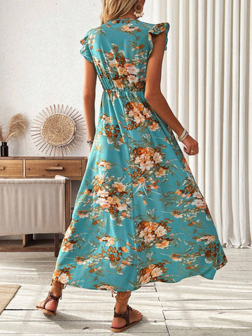Women's Floral Print Cap Sleeve High Slit Hem Dress