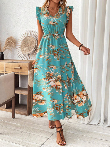 Women's Floral Print Cap Sleeve High Slit Hem Dress