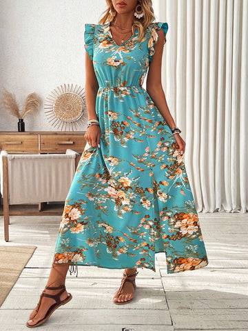 Women's Floral Print Cap Sleeve High Slit Hem Dress