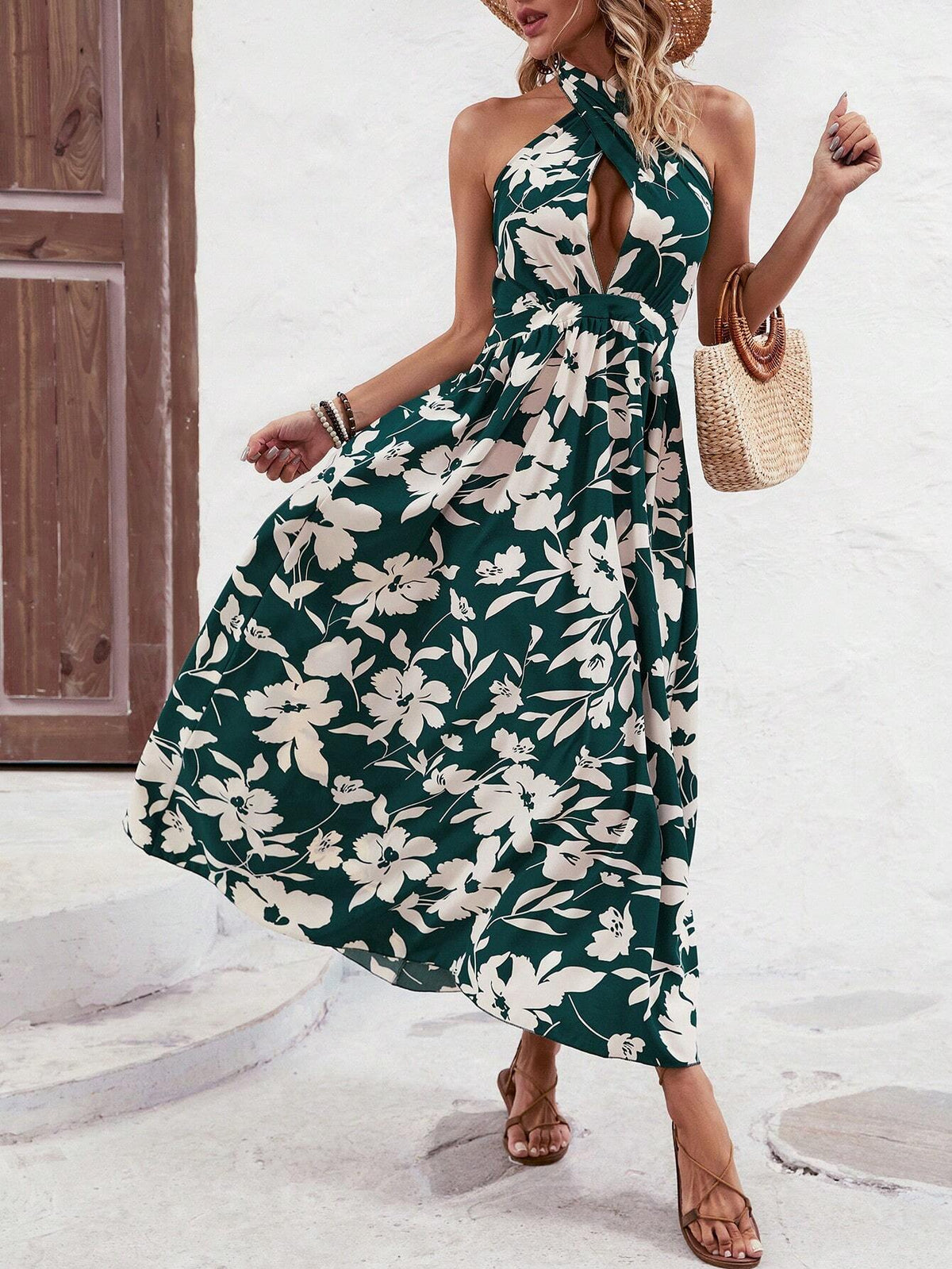 Women's Floral Print Cross Halter Neck Dress