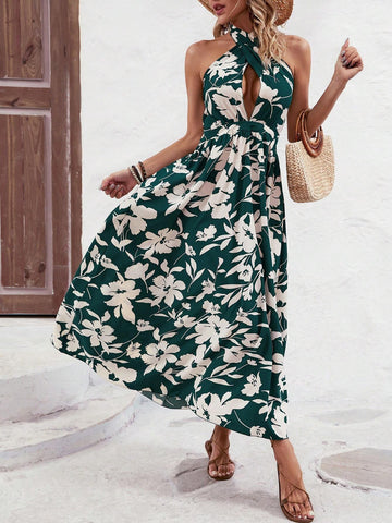 Women's Floral Print Cross Halter Neck Dress