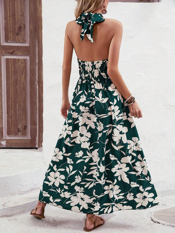 Women's Floral Print Cross Halter Neck Dress