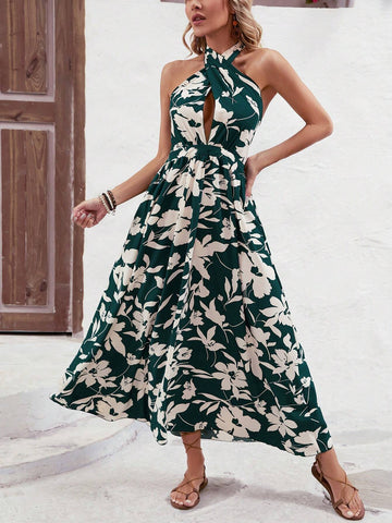 Women's Floral Print Cross Halter Neck Dress