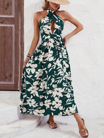 Women's Floral Print Cross Halter Neck Dress