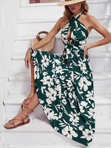 Women's Floral Print Cross Halter Neck Dress