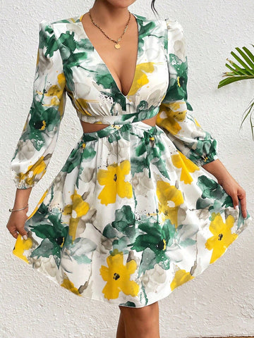 Women's Floral Print Deep V-Neck Hollow Out Summer Vacation Dress
