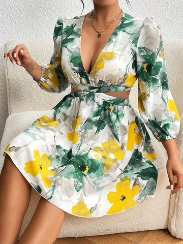 Women's Floral Print Deep V-Neck Hollow Out Summer Vacation Dress