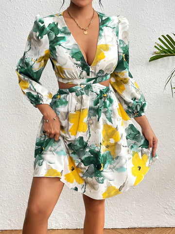 Women's Floral Print Deep V-Neck Hollow Out Summer Vacation Dress