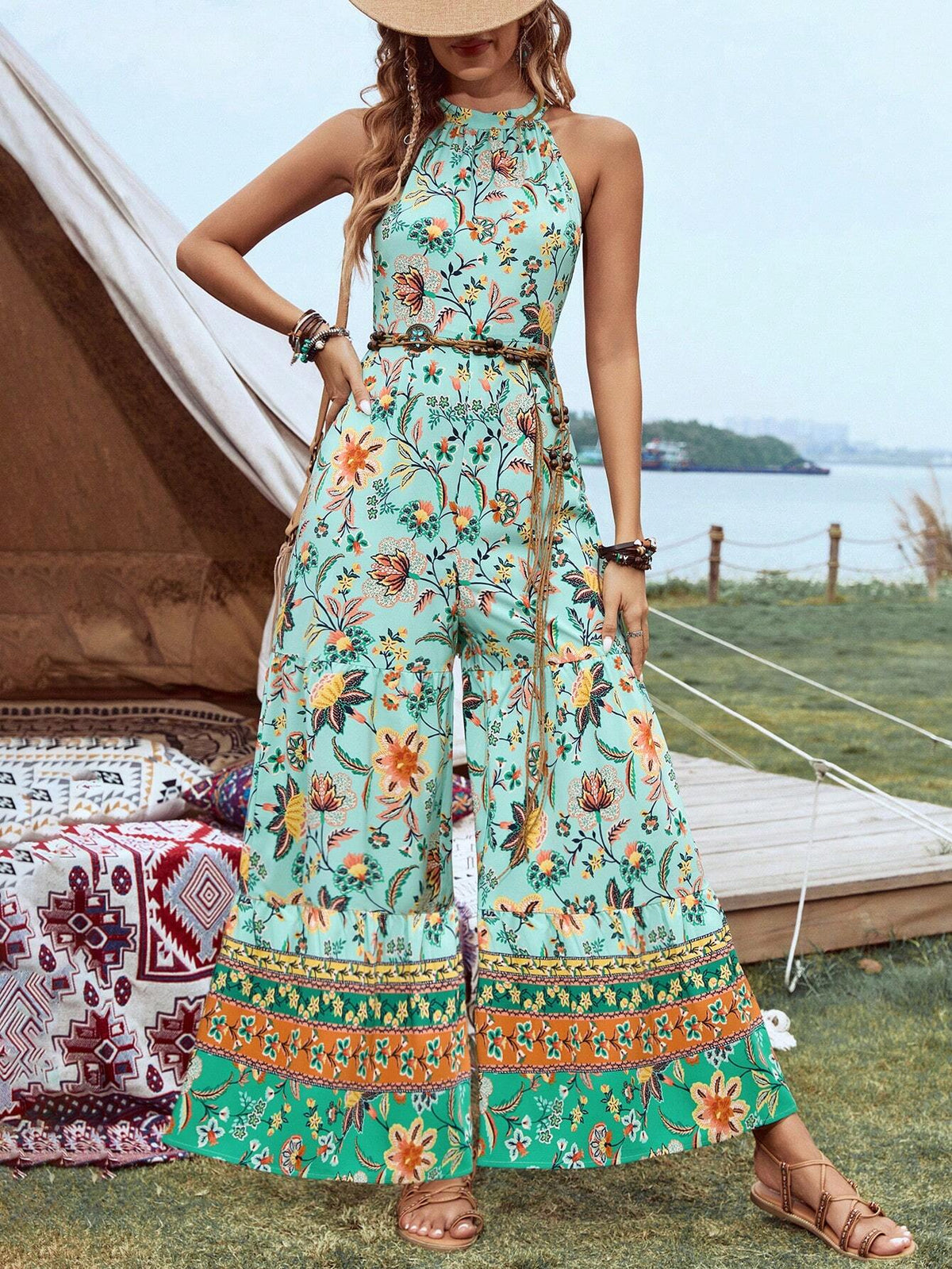 Women's Floral Print Halter Neck Music Festival Jumpsuit