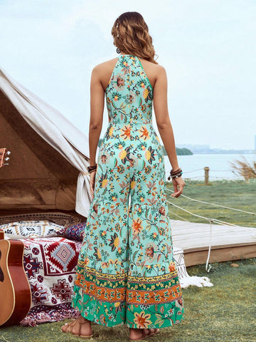 Women's Floral Print Halter Neck Music Festival Jumpsuit