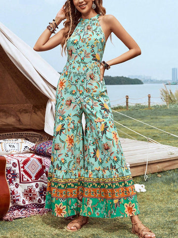 Women's Floral Print Halter Neck Music Festival Jumpsuit