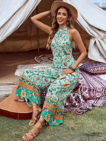 Women's Floral Print Halter Neck Music Festival Jumpsuit