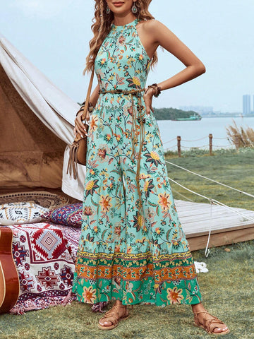 Women's Floral Print Halter Neck Music Festival Jumpsuit
