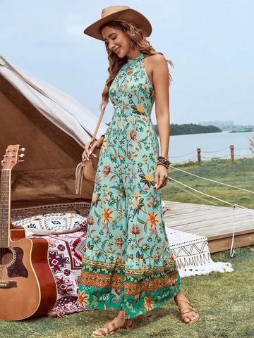 Women's Floral Print Halter Neck Music Festival Jumpsuit