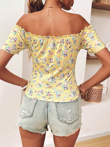 VCAY Women's Floral Print Off-Shoulder Short Sleeve Casual T-Shirt