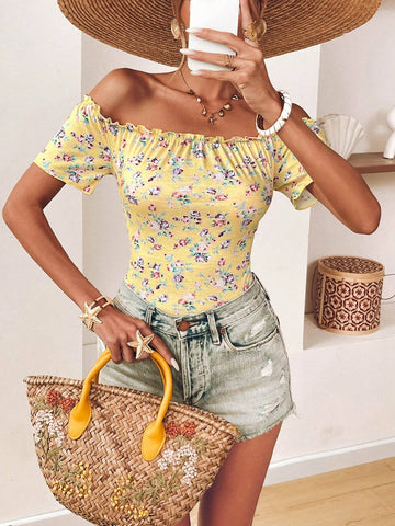VCAY Women's Floral Print Off-Shoulder Short Sleeve Casual T-Shirt