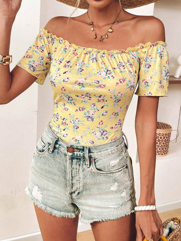 VCAY Women's Floral Print Off-Shoulder Short Sleeve Casual T-Shirt