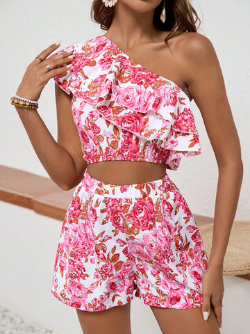 Women's Floral Print One Shoulder Top And Shorts Set