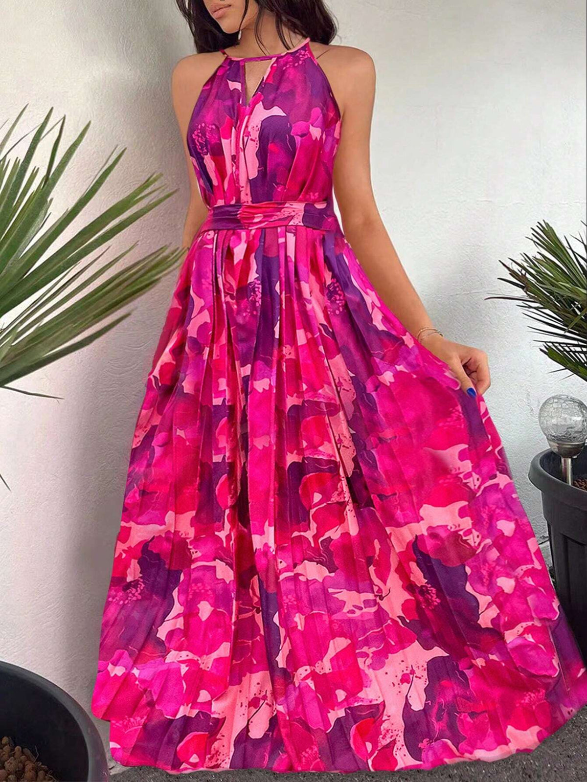 Women's Floral Print Pleated Waist Halter Neck Sleeveless Maxi Dress