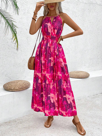 Women's Floral Print Pleated Waist Halter Neck Sleeveless Maxi Dress