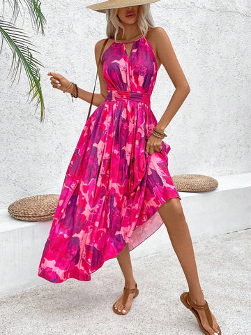 Women's Floral Print Pleated Waist Halter Neck Sleeveless Maxi Dress