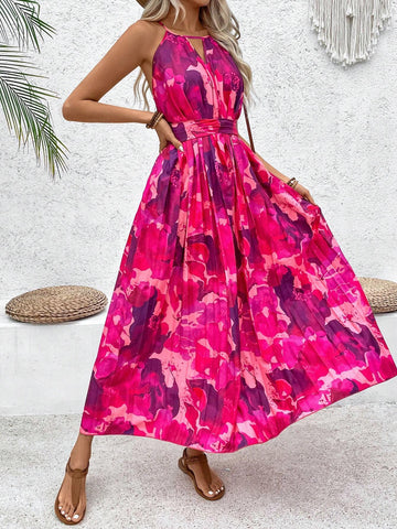 Women's Floral Print Pleated Waist Halter Neck Sleeveless Maxi Dress