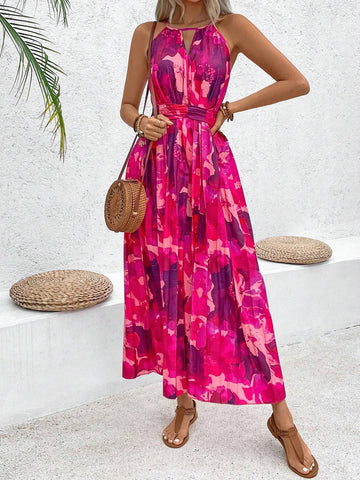 Women's Floral Print Pleated Waist Halter Neck Sleeveless Maxi Dress