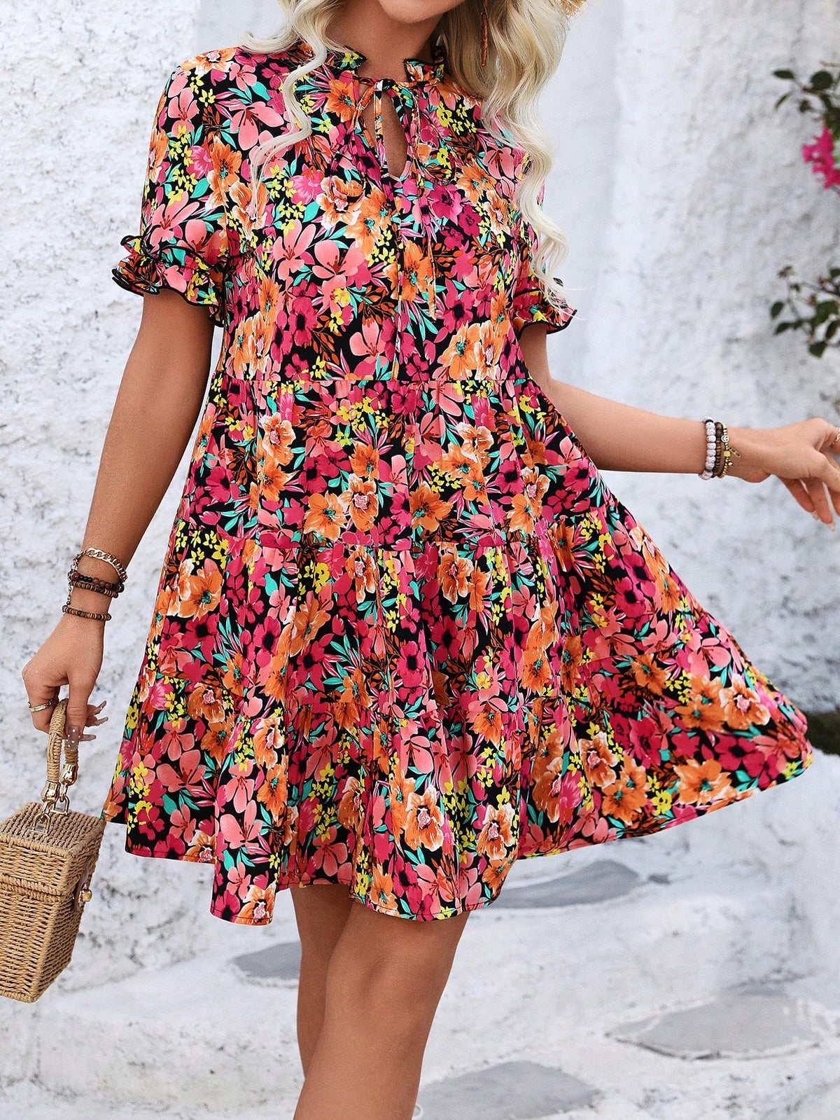 Women's Floral Print Puff Sleeve Bubble Dress