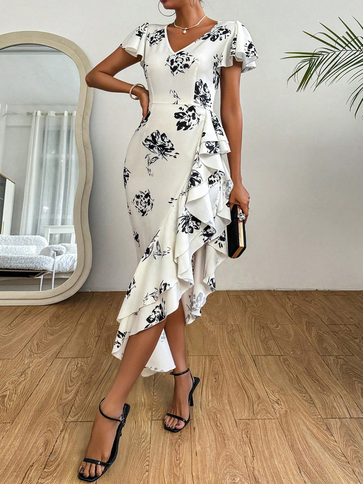 Women's Floral Print Ruffle Hem Dress