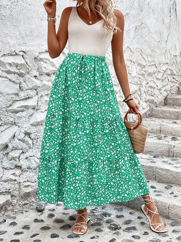 VCAY Women's Floral Print Ruffle Hem Midi Skirt