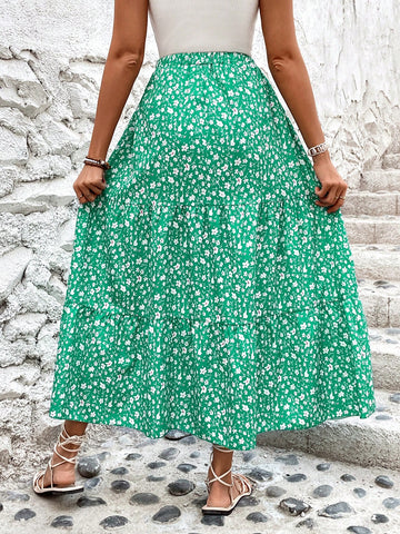 VCAY Women's Floral Print Ruffle Hem Midi Skirt