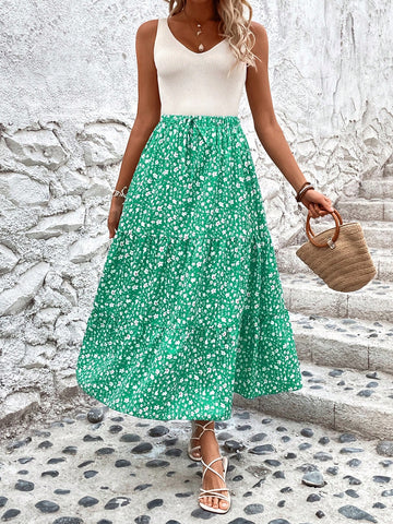 VCAY Women's Floral Print Ruffle Hem Midi Skirt