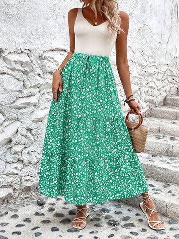 VCAY Women's Floral Print Ruffle Hem Midi Skirt