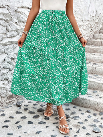 VCAY Women's Floral Print Ruffle Hem Midi Skirt