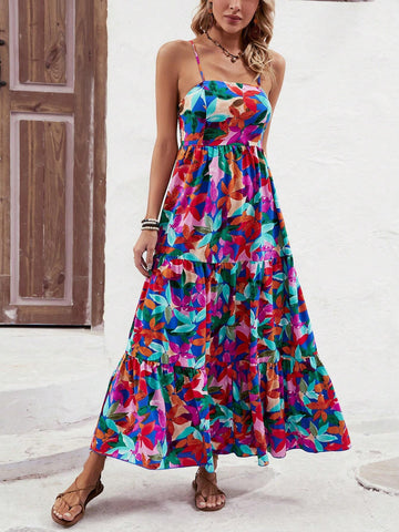 Women's Floral Print Ruffle Hem Spaghetti Strap Midi Dress