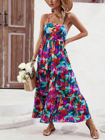 Women's Floral Print Ruffle Hem Spaghetti Strap Midi Dress