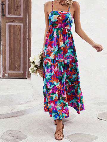Women's Floral Print Ruffle Hem Spaghetti Strap Midi Dress