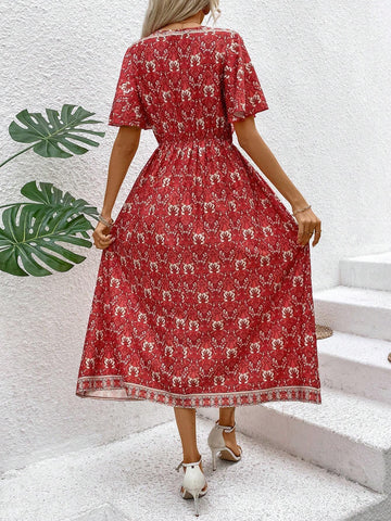 Women's Floral Print Ruffle Short Sleeve Dress