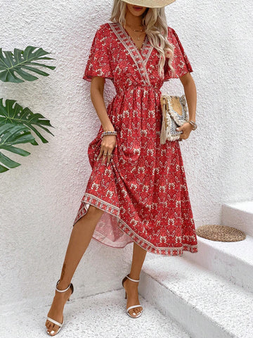 Women's Floral Print Ruffle Short Sleeve Dress