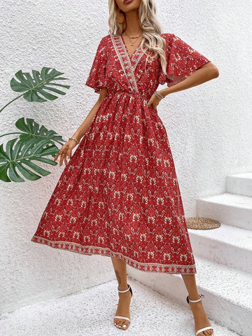Women's Floral Print Ruffle Short Sleeve Dress