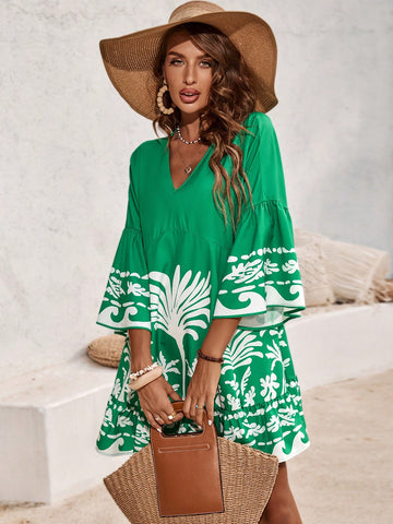 Women's Floral Print Ruffled Sleeve Babydoll Dress