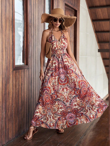 Women's Floral Print Shirred Waist Halter Neckline Dress