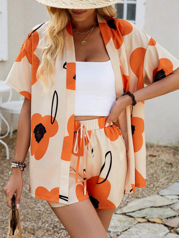 Women's Floral Print Short Sleeve Shirt And Shorts Set (Random Pattern), Summer