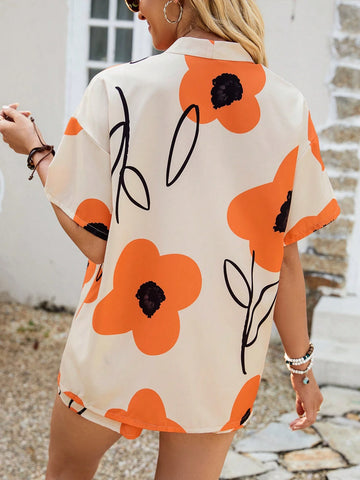 Women's Floral Print Short Sleeve Shirt And Shorts Set (Random Pattern), Summer