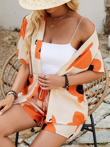 Women's Floral Print Short Sleeve Shirt And Shorts Set (Random Pattern), Summer