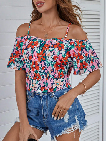 VCAY Women's Floral Print Slim Strap Casual Top, Minimalist Design For Everyday Wear
