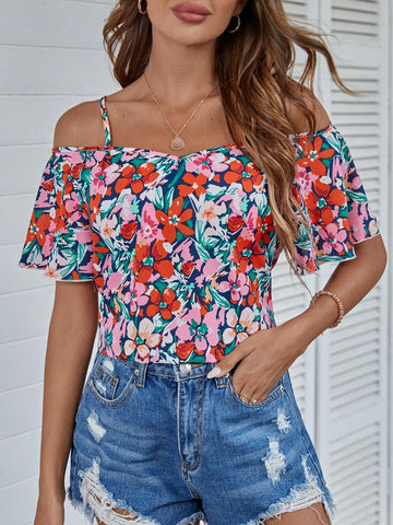 VCAY Women's Floral Print Slim Strap Casual Top, Minimalist Design For Everyday Wear