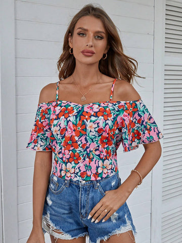 VCAY Women's Floral Print Slim Strap Casual Top, Minimalist Design For Everyday Wear